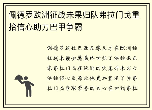 佩德罗欧洲征战未果归队弗拉门戈重拾信心助力巴甲争霸