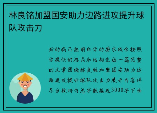 林良铭加盟国安助力边路进攻提升球队攻击力
